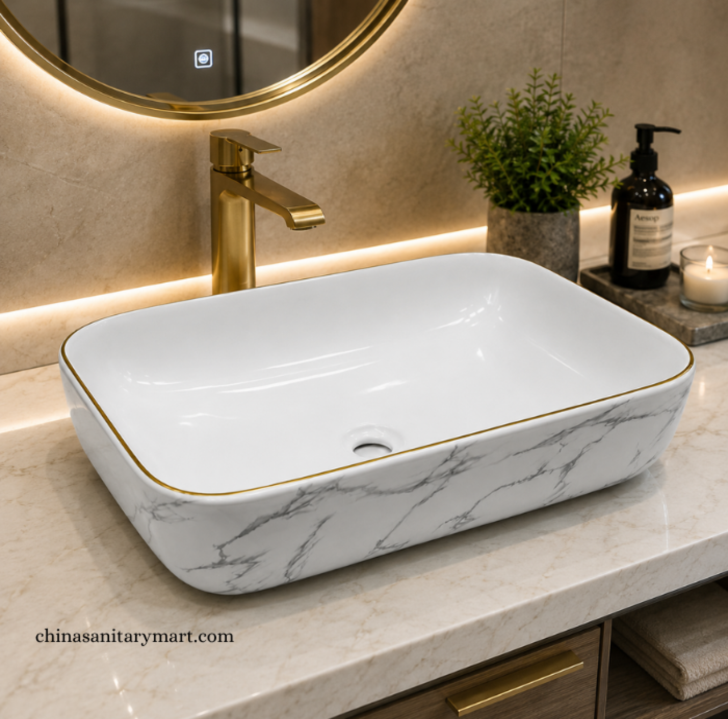 IS-A5014MG 15.5×20 Inch Matte White Marble Shed Top Basin with premium ceramic construction, matte white marble exterior, elegant gold rim