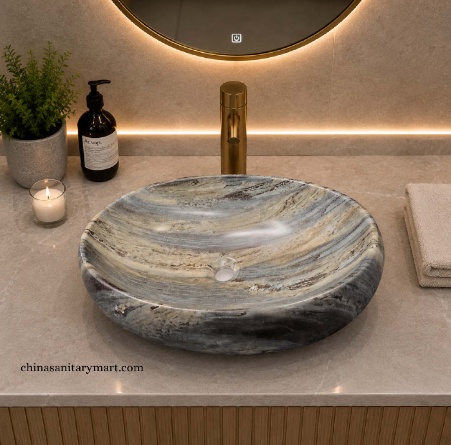 IS-A3352C 16×24 Inch Matte Marble Shed Oval Top Basin with premium ceramic construction, luxurious grey marble-inspired finish