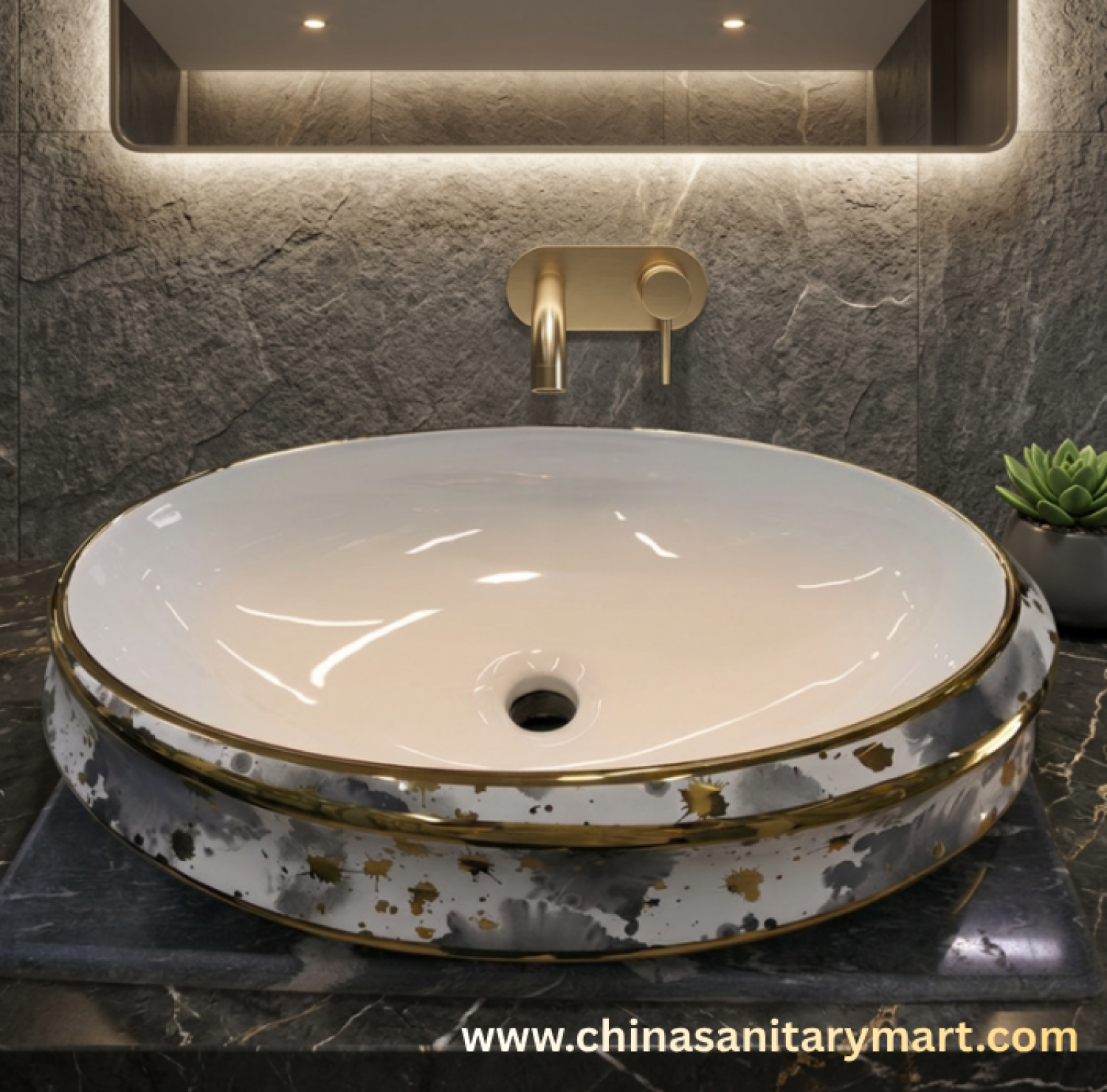 24x16 oval art basin,AR-AB-8213-D1 wash basin,golden outline basin,grey splash pattern basin,ceramic top basin,counter top wash basin,premium bathroom basin,designer ceramic basin,China Sanitary Mart,Bangladesh