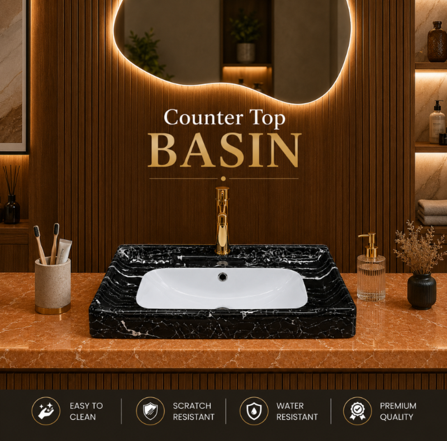 24x19 black marble counter top basin, black marble shed wash basin, ceramic countertop basin, luxury black bathroom basin, premium ceramic wash basin, modern marble basin, black marble finish basin, China Sanitary Mart, Bangladesh
