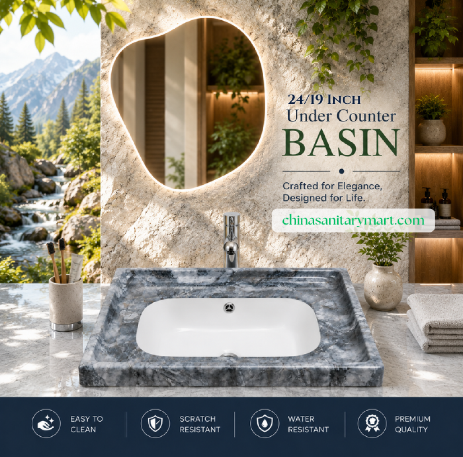 24x19 grey marble counter top basin, grey marble shed wash basin, ceramic countertop basin, luxury grey marble bathroom basin, premium ceramic wash basin, modern marble finish basin, bathroom sink Bangladesh, China Sanitary Mart