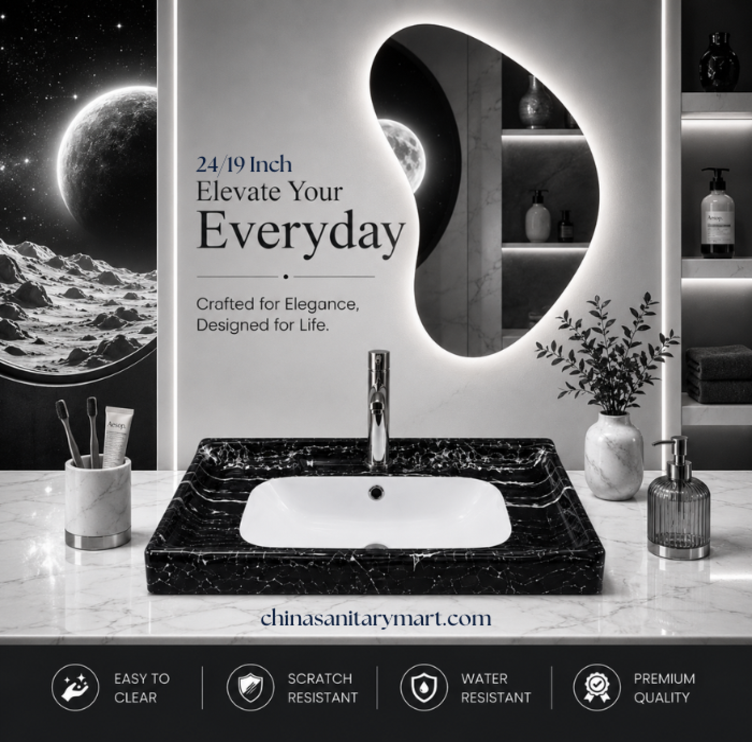 24x19 black marble counter top basin, black marble shed wash basin, ceramic countertop basin, luxury black bathroom basin, premium ceramic wash basin, modern marble basin, black marble finish basin, China Sanitary Mart, Bangladesh