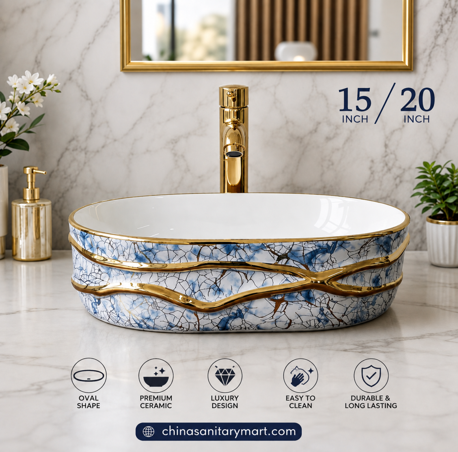 15x20 inch basin, oval countertop basin, blue marble wash basin, gold design basin, ceramic top basin, luxury bathroom basin, designer wash basin, premium basin Bangladesh, China Sanitary Mart