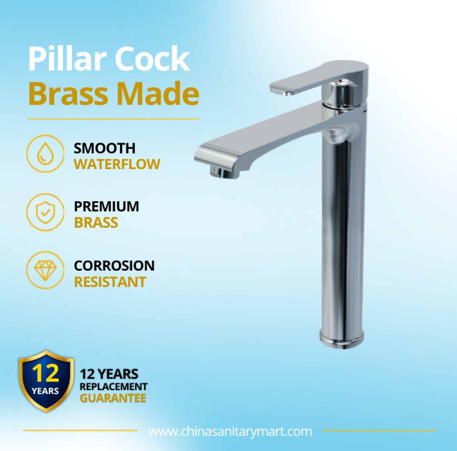 AST Basin Pillar Cock Large Linus, Linus Chrome tall basin faucet, large brass pillar cock, basin faucet, vessel basin faucet, chrome wash basin cock, AST Linus faucet, high rise basin faucet, premium bathroom faucet