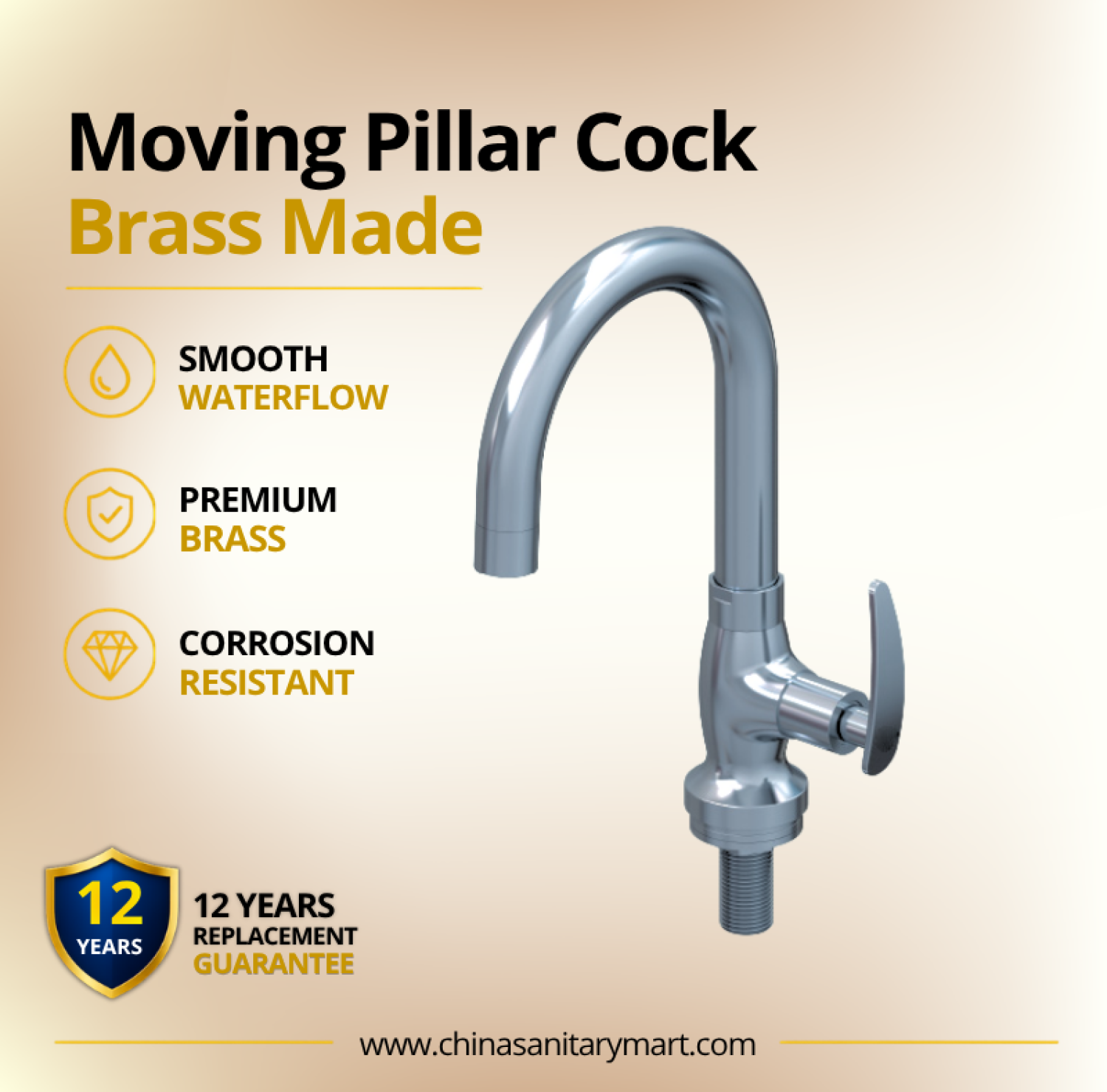 AST Moving Pillar Cock Felis Chrome, Felis moving pillar tap, premium brass basin faucet, high arc moving spout tap, AST Felis bathroom faucet, chrome pillar cock, modern basin tap