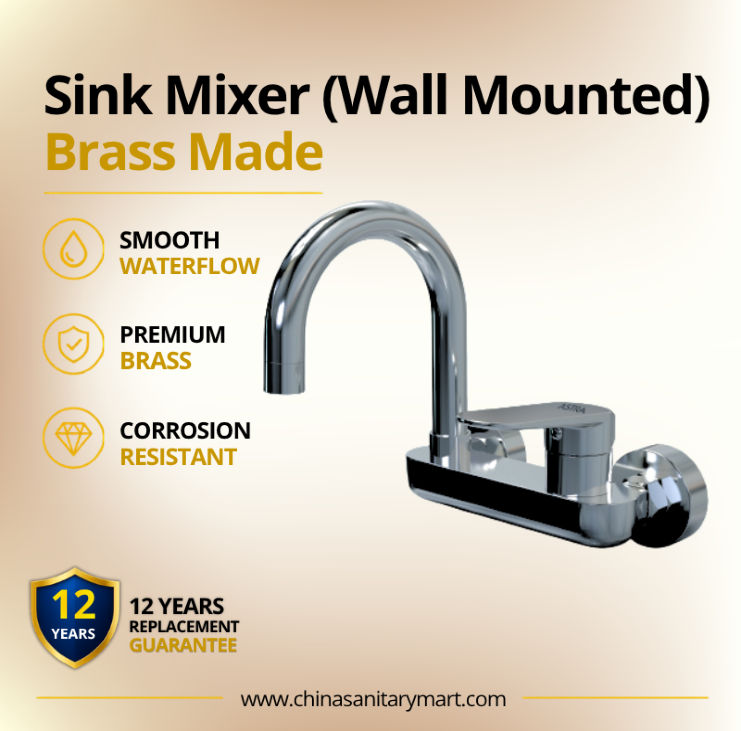 AST Sink Mixer Midas, Midas wall mounted kitchen mixer, premium brass kitchen faucet, Chrome sink tap, high arc U shaped sink mixer, single lever kitchen faucet, AST Midas kitchen tap, modern wall mounted sink mixer