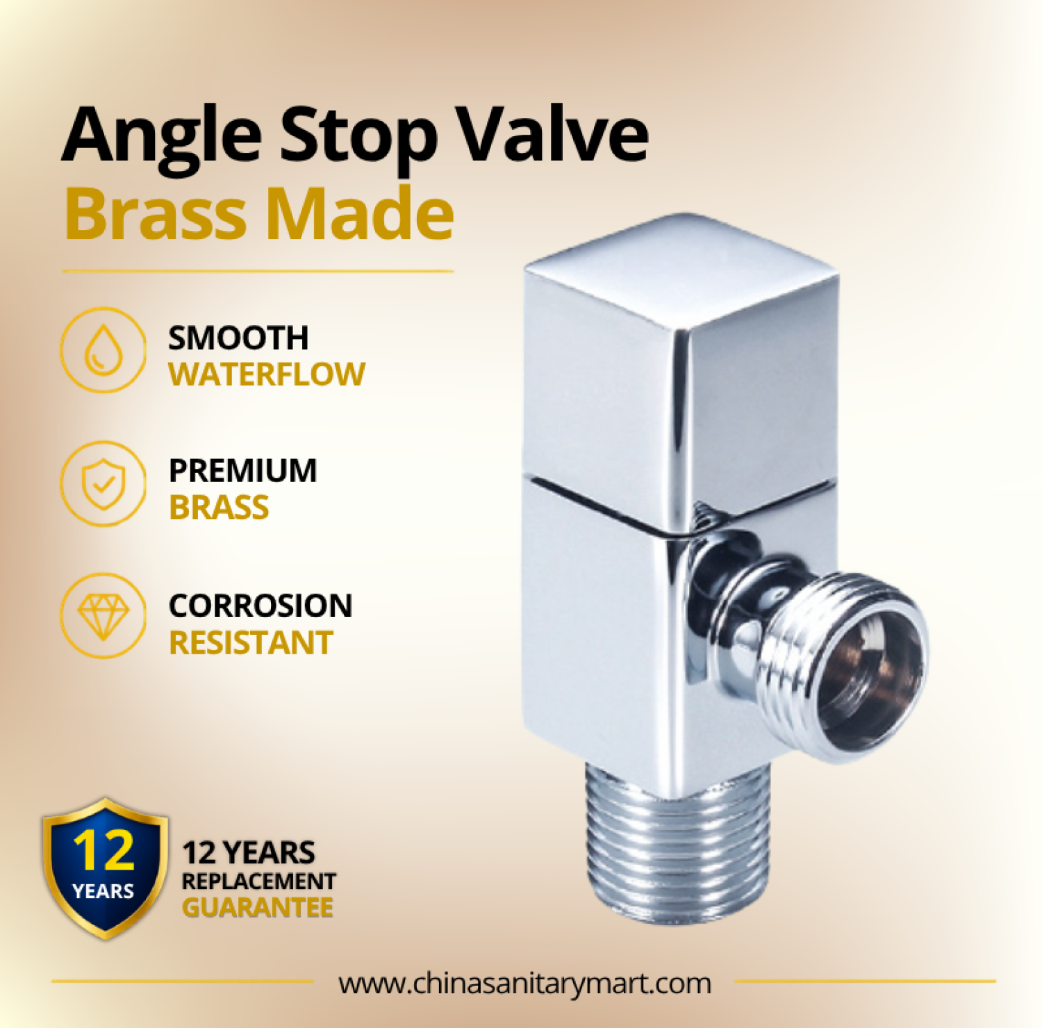AST Square Angle Stop Valve, Square Chrome angle valve, premium brass stop valve, Chrome bathroom angle valve, water control valve, plumbing stop valve, brass water shut off valve, modern angle valve, AST Square valve