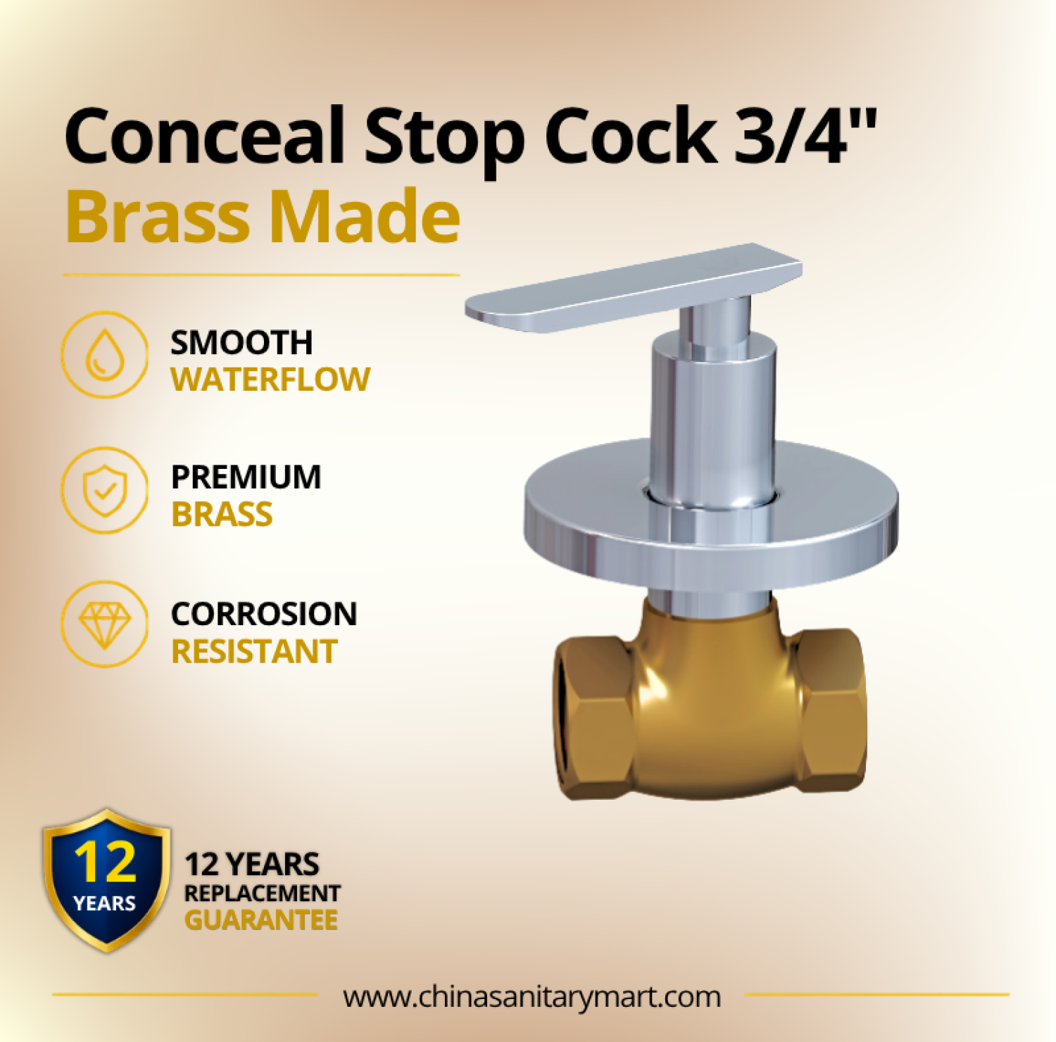 AST Concealed Stop Cock 3/4 Inch Alena, round brass stop cock, chrome concealed valve, 3/4 inch bathroom stop cock, concealed bathroom fitting, AST sanitary fittings