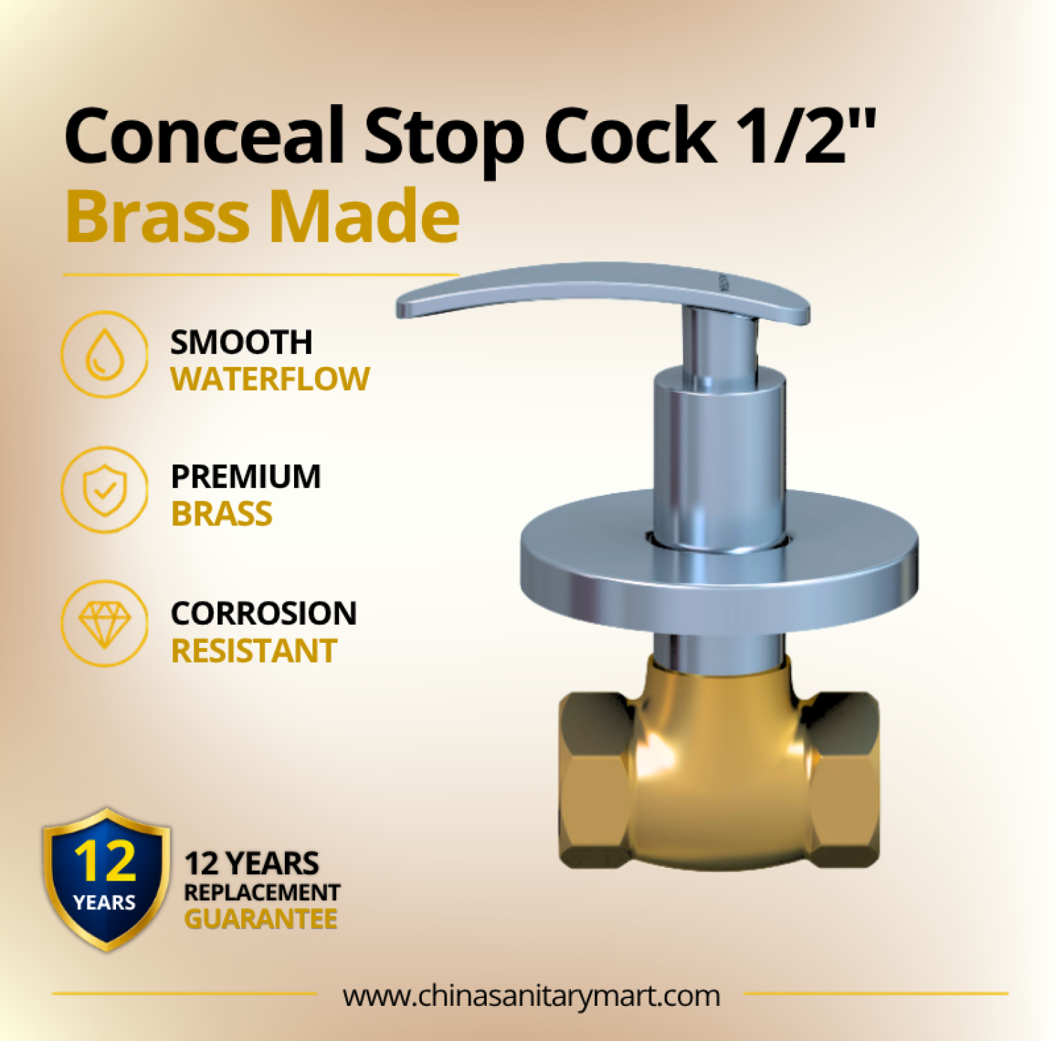 AST Concealed Stop Cock 1/2 Inch Felis, round brass stop cock, chrome concealed valve, 1/2 inch bathroom stop cock, concealed bathroom fitting, AST sanitary fittings