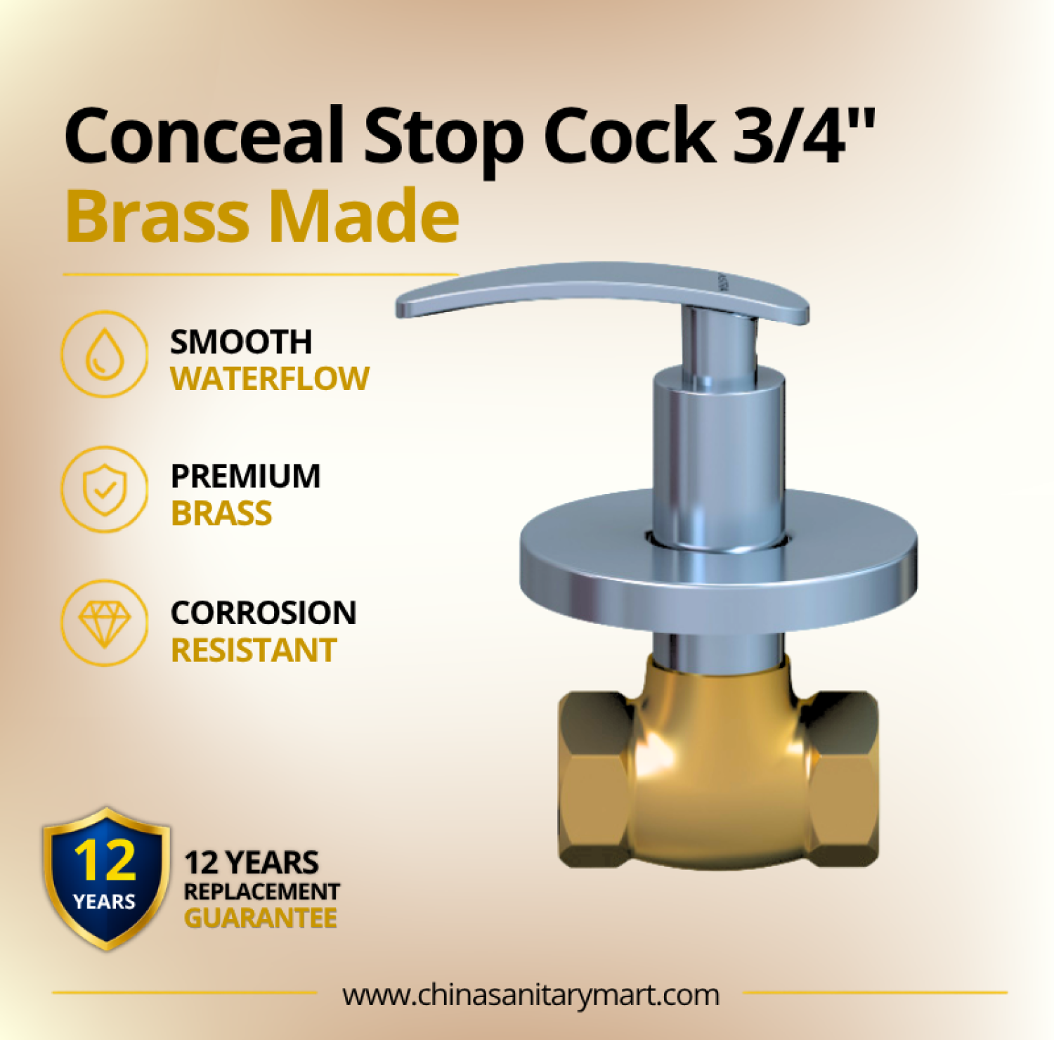 AST Concealed Stop Cock 3/4 Inch Felis, round brass stop cock, chrome concealed valve, 3/4 inch bathroom stop cock, concealed bathroom fitting, AST sanitary fittings