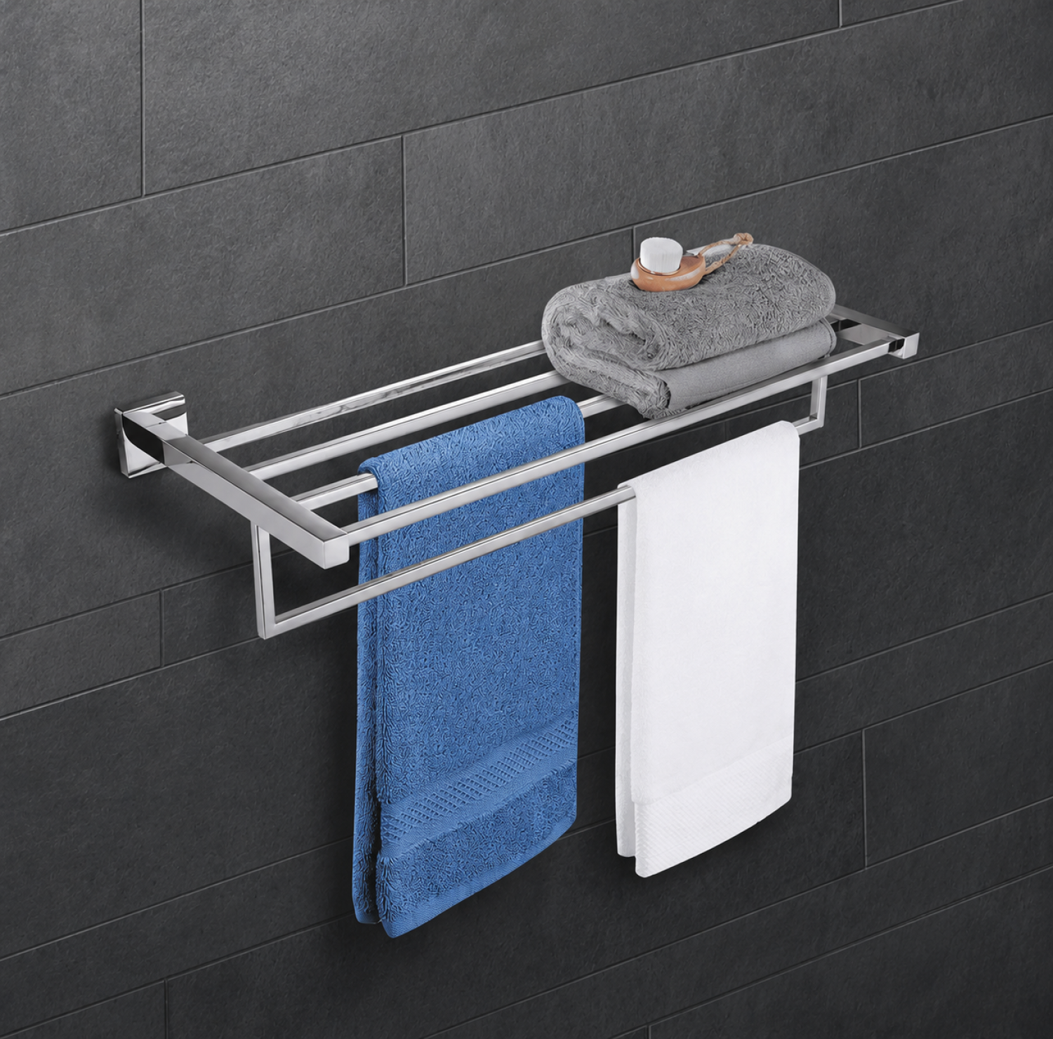 AST Bath Towel Shelf, brass bathroom towel shelf, chrome towel rack with shelf, wall mounted towel shelf, premium brass bathroom accessory, multi bar towel rack, bathroom towel storage shelf