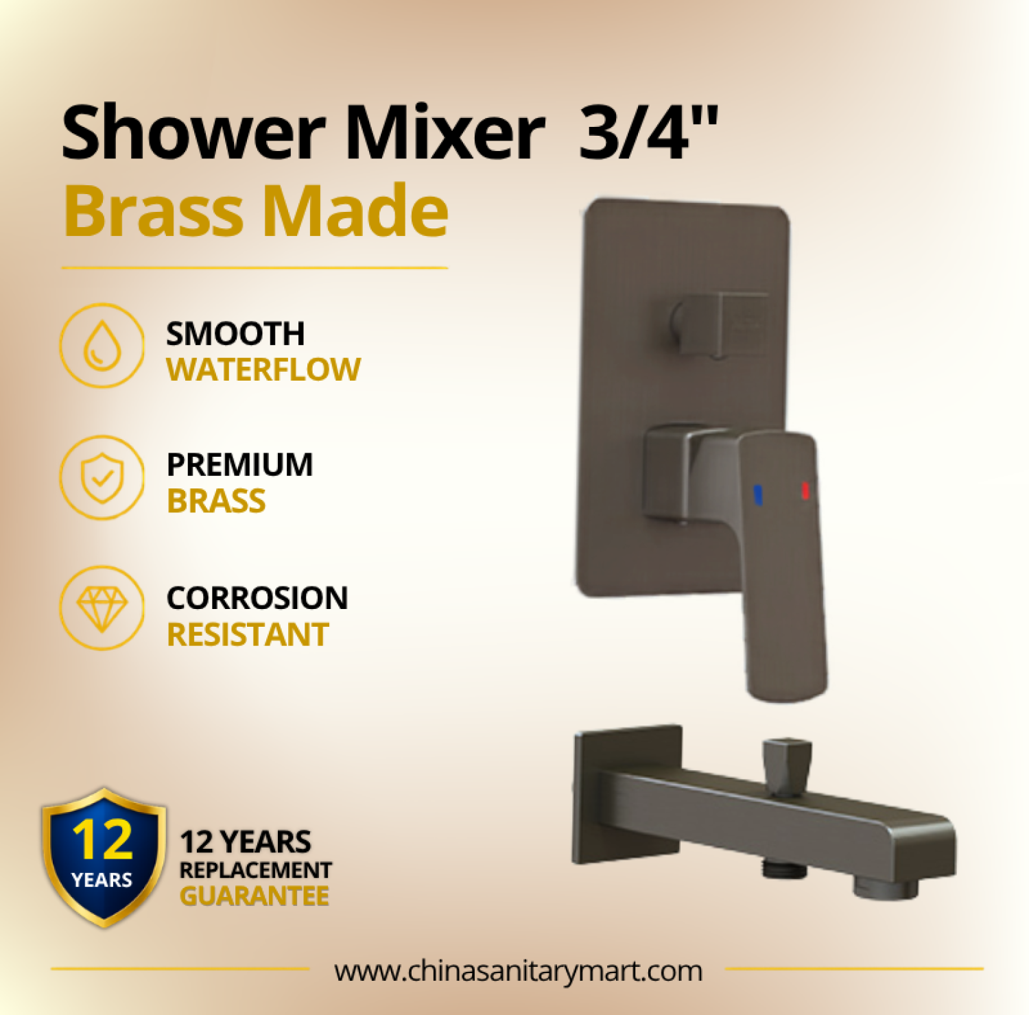 3x4 Inch AST Shower Mixer Titan, AST concealed shower mixer, Titan brass shower mixer, 3/4 inch shower mixer, concealed bathroom mixer, wall mounted shower mixer, premium brass shower mixer