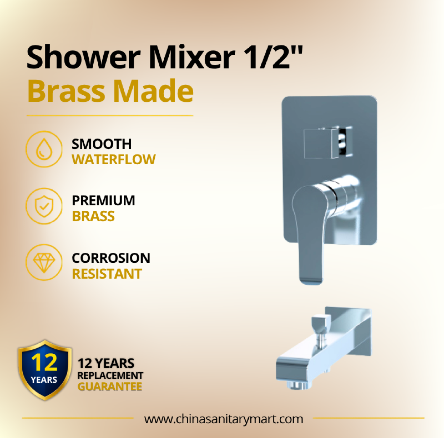 1x2 Inch AST Shower Mixer Linus, AST concealed shower mixer, Linus chrome shower mixer, 1/2 inch shower mixer, brass concealed mixer, wall mounted shower mixer, chrome bathroom mixer