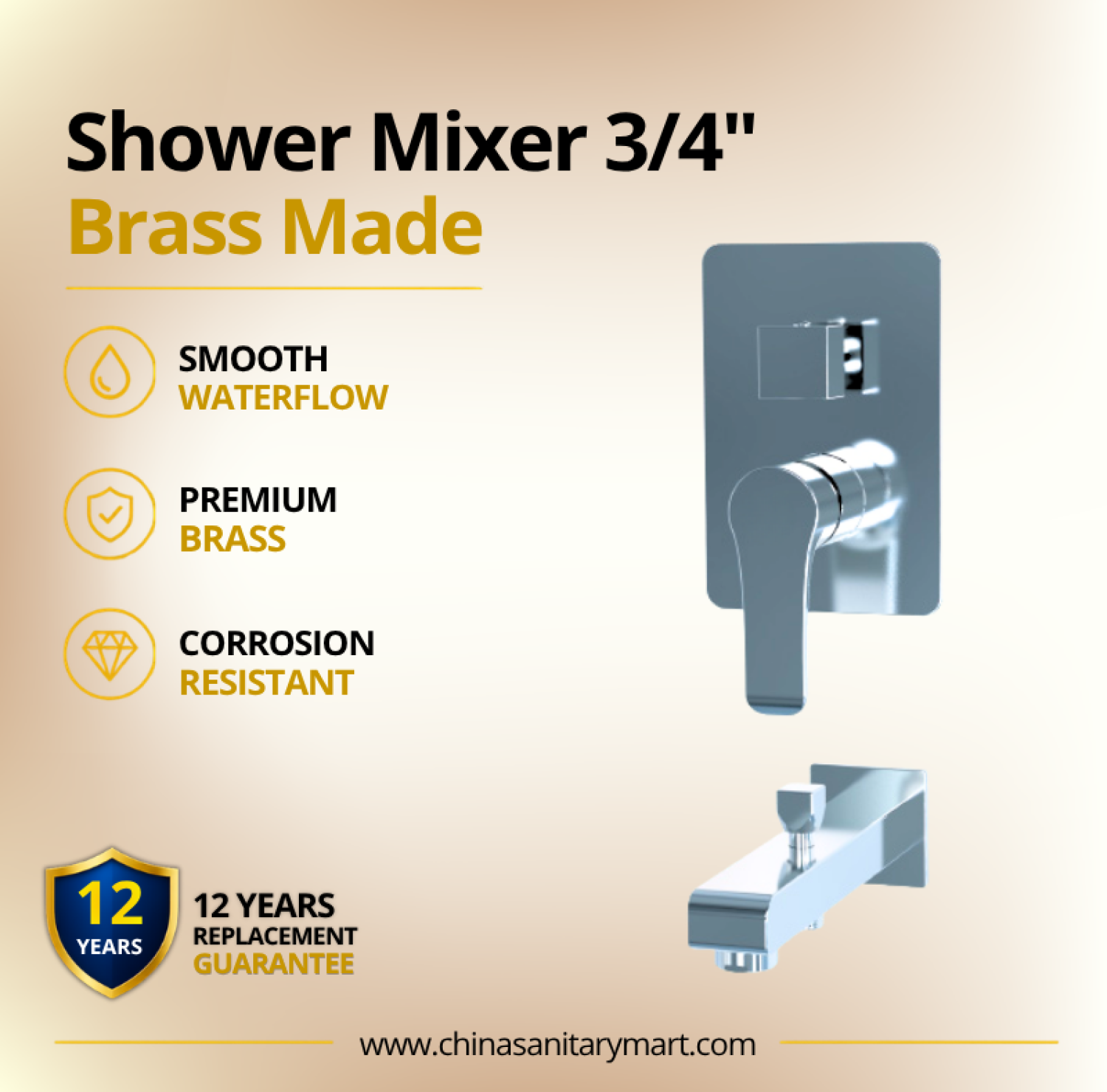 3x4 Inch AST Shower Mixer Linus, AST concealed shower mixer, Linus chrome shower mixer, 3/4 inch shower mixer, brass shower mixer, concealed bathroom mixer, wall mounted shower mixer, chrome shower mixer