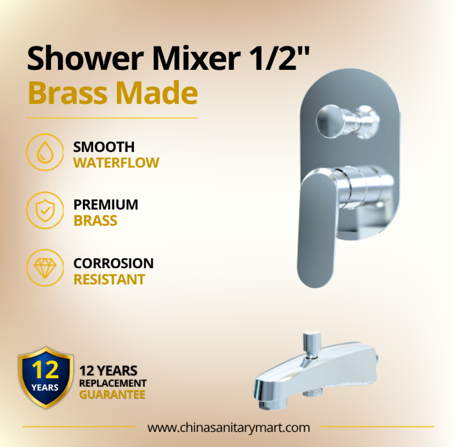 1x2 Inch AST Shower Mixer Midas, AST concealed shower mixer, Midas chrome shower mixer, 1/2 inch shower mixer, brass shower mixer, concealed bathroom mixer, wall mounted shower mixer, chrome shower mixer