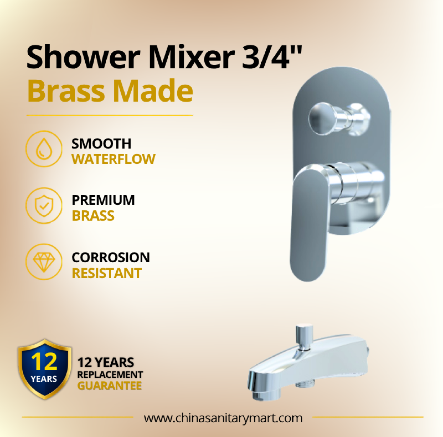 3x4 Inch AST Shower Mixer Midas, AST concealed shower mixer, Midas chrome shower mixer, 3/4 inch shower mixer, brass shower mixer, concealed bathroom mixer, wall mounted shower mixer, chrome shower mixer