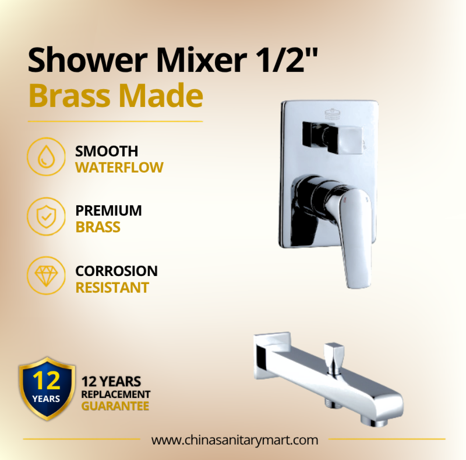 1x2 Inch AST Shower Mixer Square, AST concealed shower mixer, Square chrome shower mixer, 1/2 inch shower mixer, brass shower mixer, concealed bathroom mixer, wall mounted shower mixer, chrome shower mixer