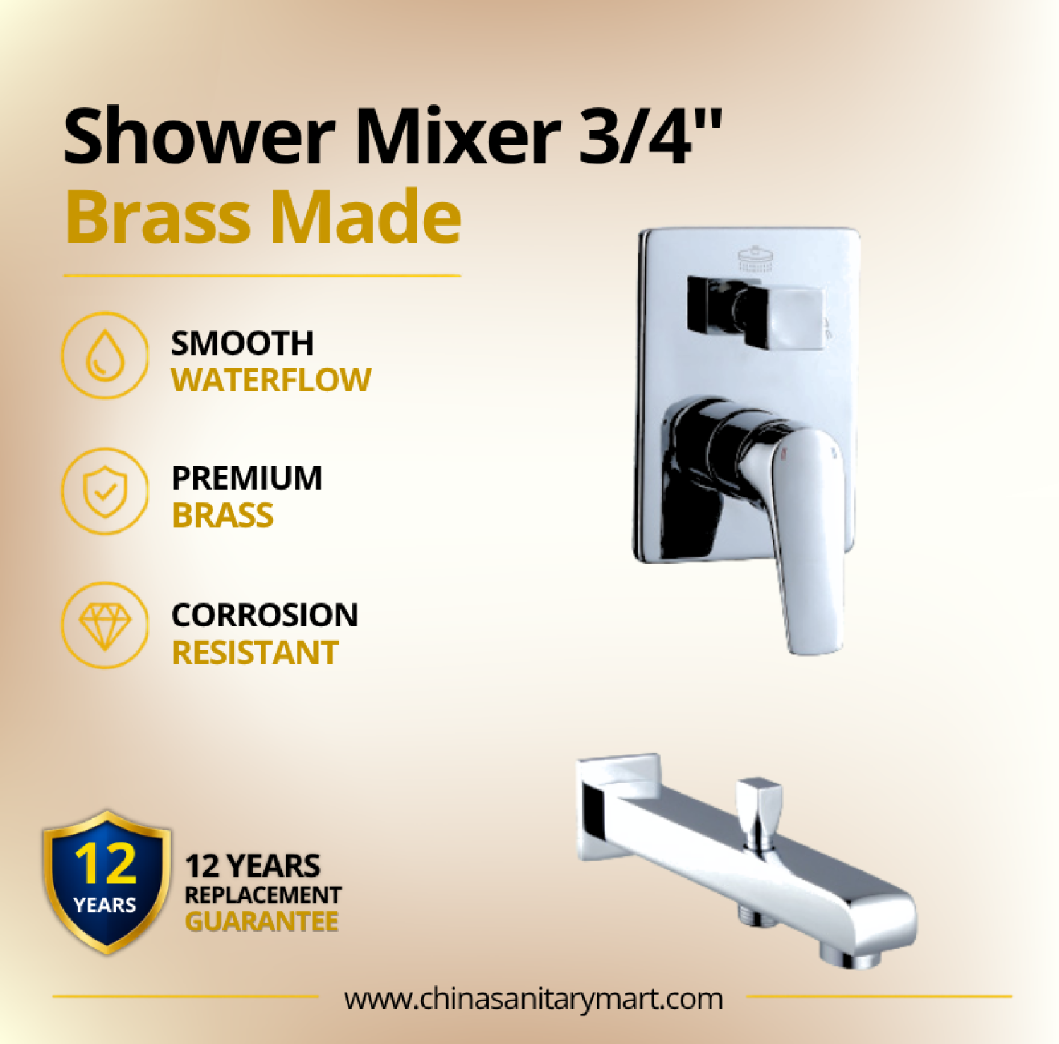 3x4 Inch AST Shower Mixer Square, AST concealed shower mixer, Square chrome shower mixer, 3/4 inch shower mixer, brass shower mixer, concealed bathroom mixer, wall mounted shower mixer, chrome shower mixer