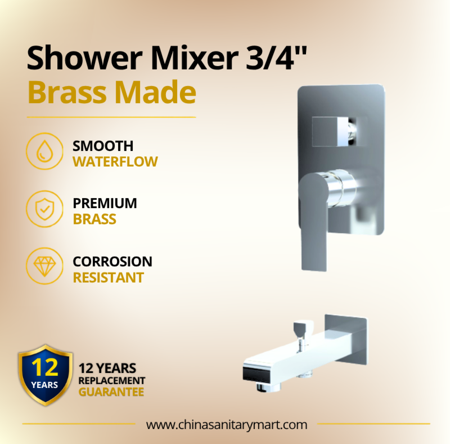 3x4 Inch AST Shower Mixer Theo, AST concealed shower mixer, Theo chrome shower mixer, 3/4 inch shower mixer, brass shower mixer, concealed bathroom mixer, wall mounted shower mixer, chrome shower mixer