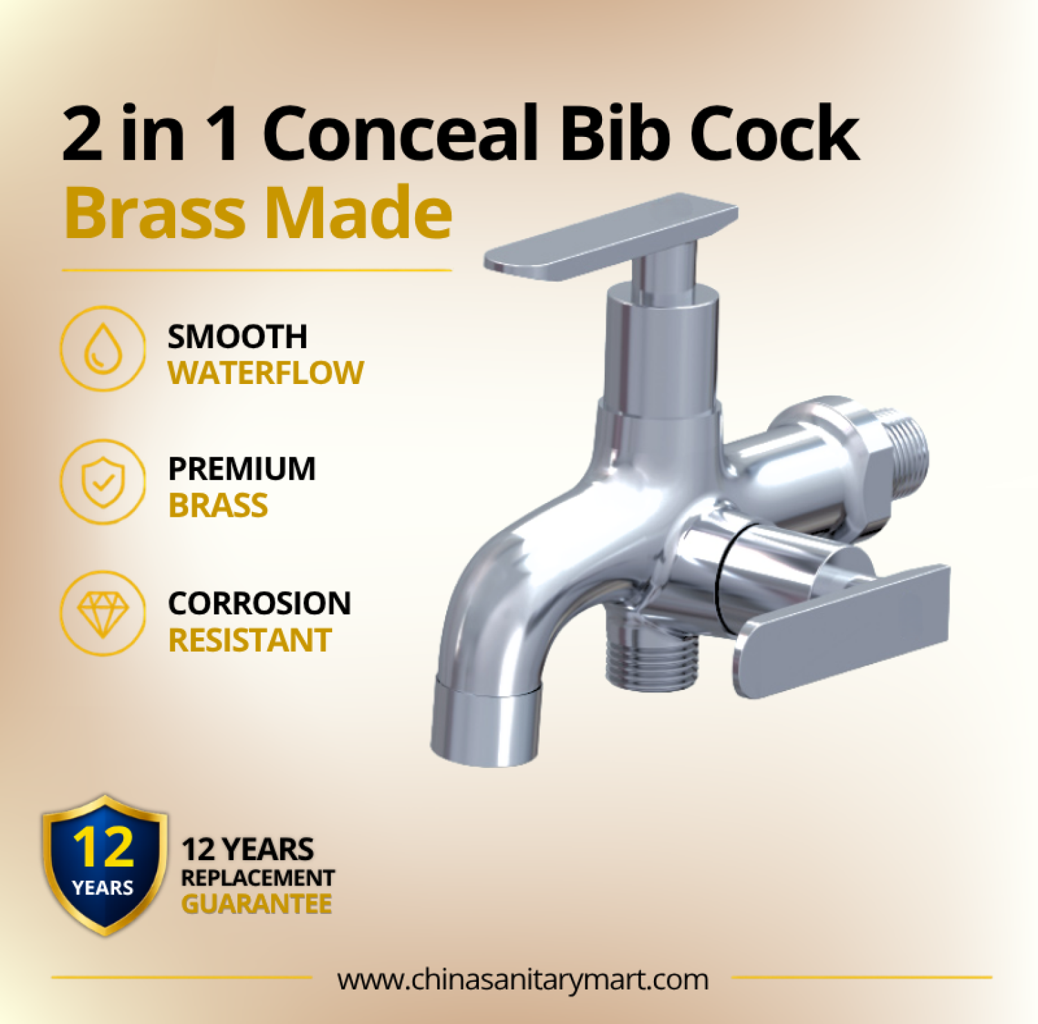 AST Two in One Bib Cock Alena, 2 in 1 brass bib cock, AST Alena bib tap, chrome two way bib cock, double outlet bib tap, wall mounted brass tap, bathroom bib cock, dual function bib tap