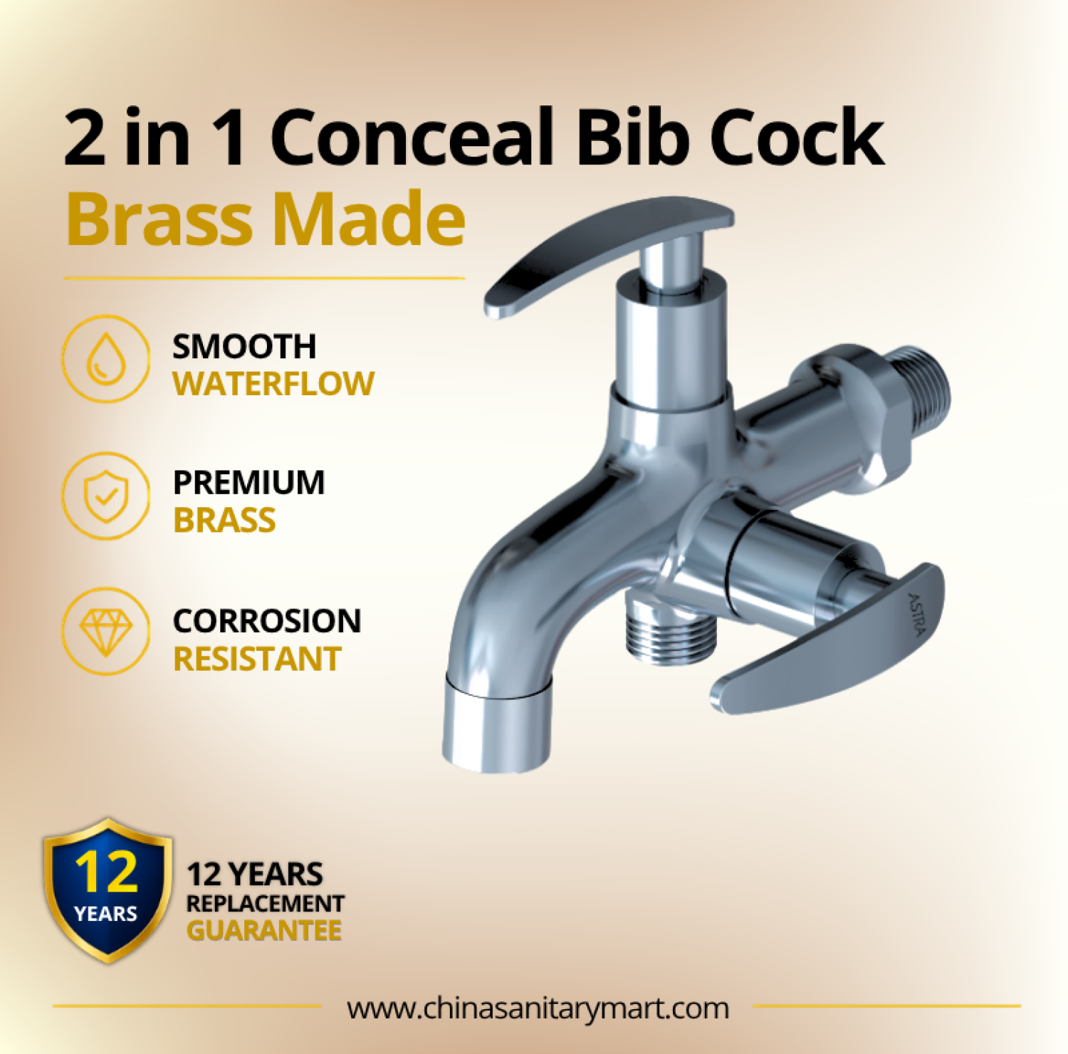 AST Two in One Bib Cock Felis, 2 in 1 brass bib cock, AST Felis bib tap, chrome dual outlet bib cock, two way brass tap, wall mounted bib tap, bathroom bib cock, dual function sink tap