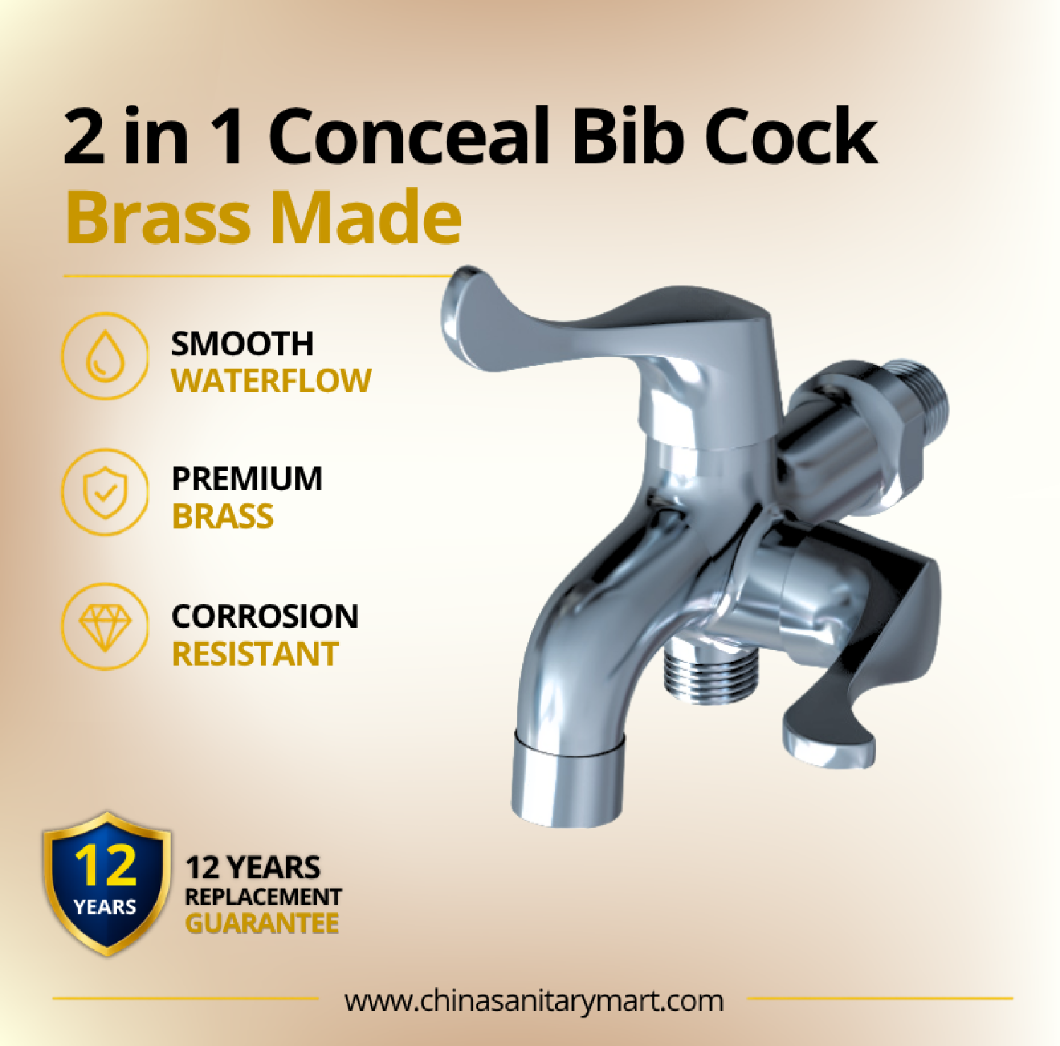 AST Two in One Bib Cock Neo Chrome, 2 in 1 brass bib cock, AST Neo Chrome bib tap, chrome dual outlet bib cock, two way brass tap, wall mounted bib tap, bathroom bib cock, dual function bib tap
