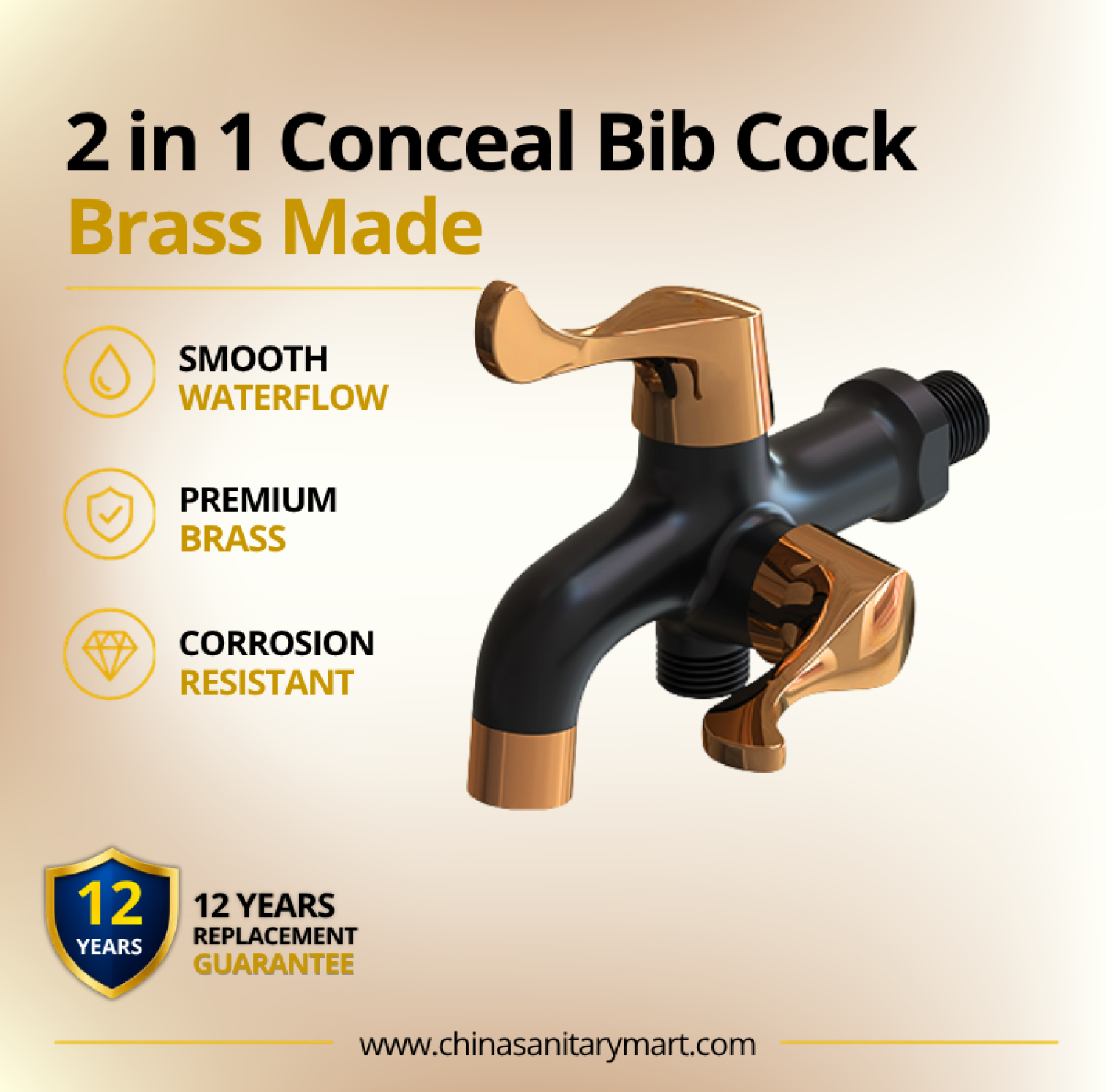 AST Two in One Bib Cock Neo Rose Gold Black, 2 in 1 brass bib cock, rose gold black bib tap, AST Neo bib cock, dual outlet brass tap, wall mounted bib cock, luxury bathroom tap, two way bib tap