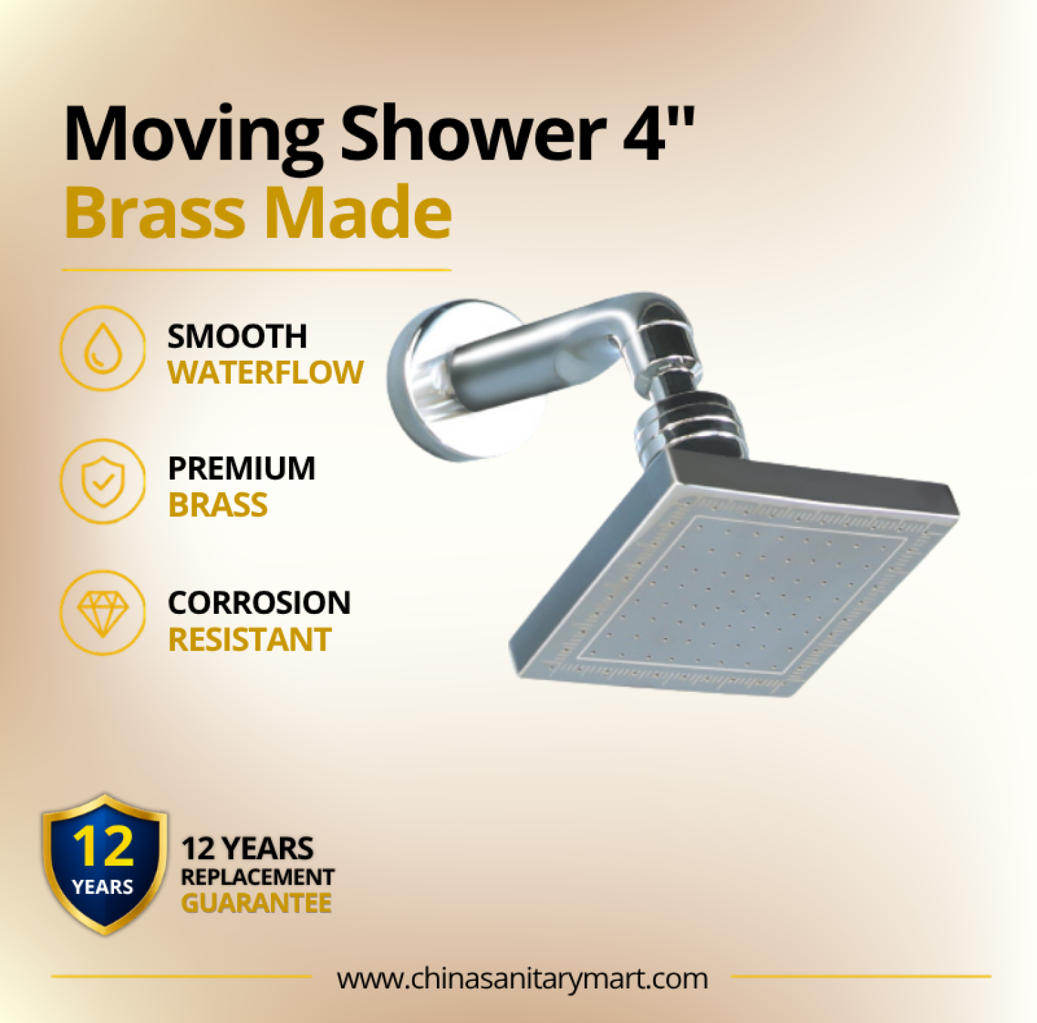 4 Inch Ast Moving Shower Square, square moving shower, 4 inch brass shower head, adjustable shower head, wall mount shower, chrome moving shower, Ast shower, square bathroom shower