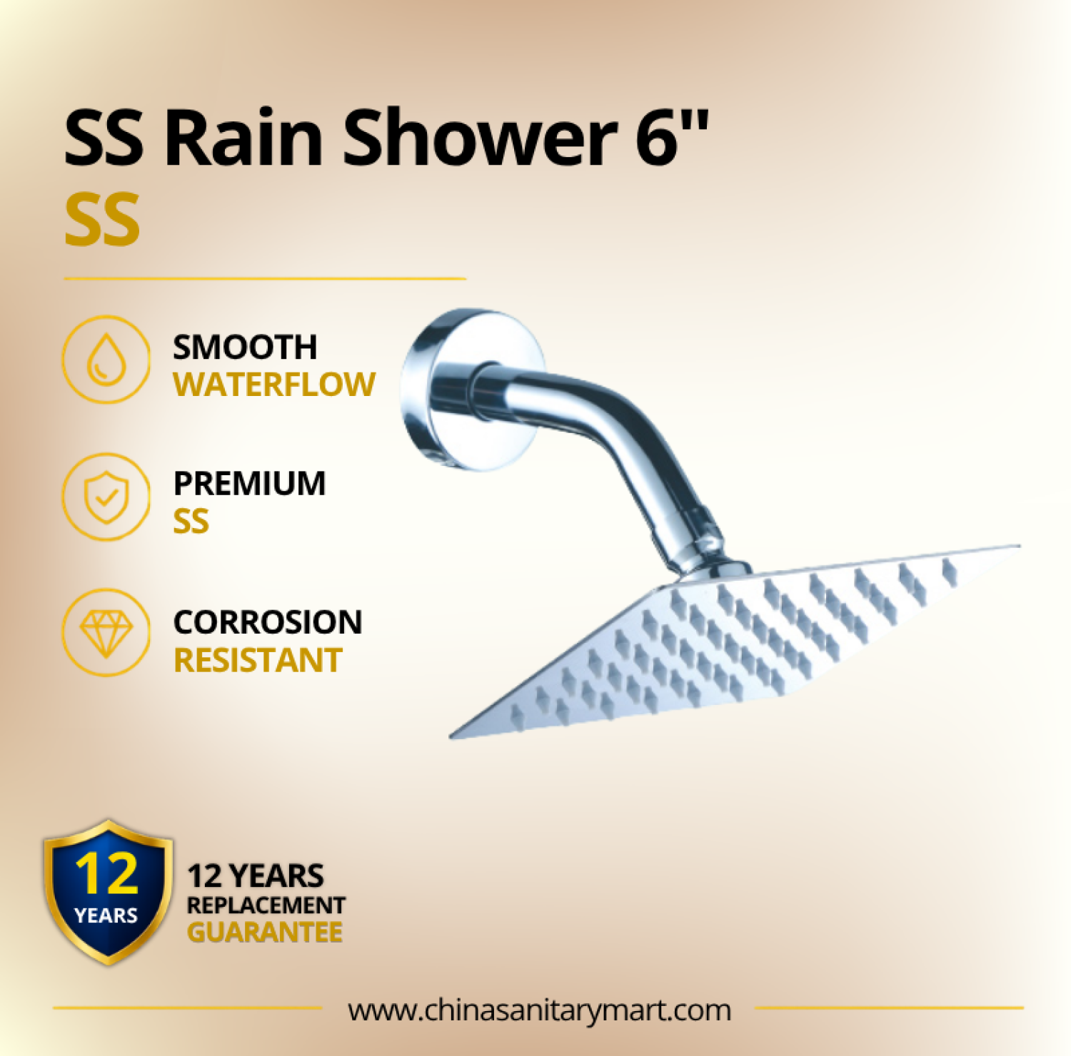 6 Inch Ast Rain Shower Square SS, square stainless steel rain shower, 6 inch shower head, SS overhead shower, square rain shower, chrome shower head, Ast rain shower, wall mount shower