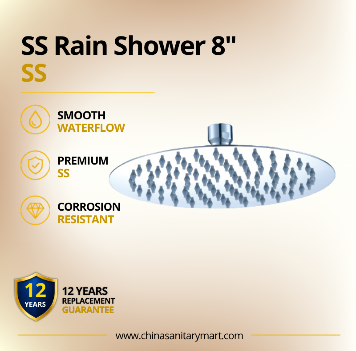 8 Inch Ast Rain Shower Round SS, round stainless steel rain shower, 8 inch shower head, SS overhead shower, round rain shower, chrome shower head, Ast rain shower, bathroom shower