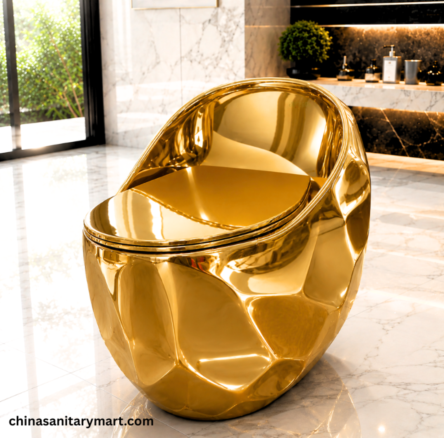 IS-M099G Peanut Commode Golden Color, golden Peanut toilet, gold S Trap high commode, luxury golden toilet, 670x470x625mm Peanut commode