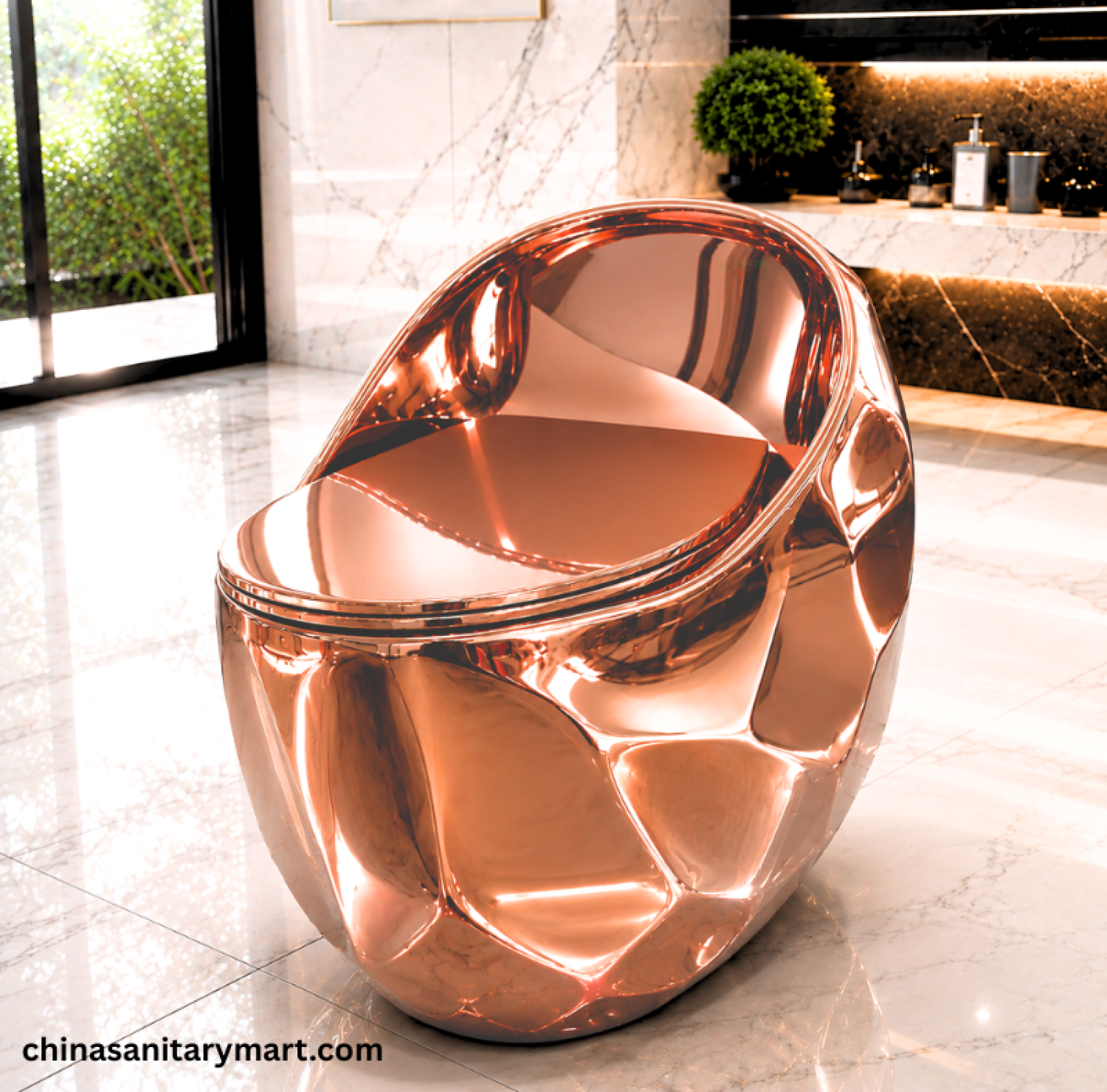 IS-M099RG Peanut Commode Rose Golden, Rose Gold Peanut toilet, luxury rose golden commode, S Trap high commode, 670x470x625mm Peanut toilet,Italian Standard