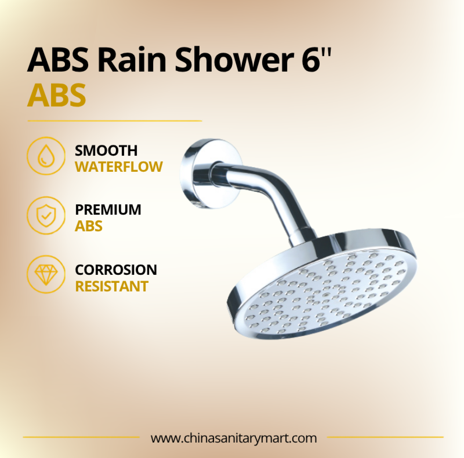 6 Inch Ast ABS Rain Shower Round, round ABS rain shower, 6 inch shower head, ABS shower head, chrome rain shower, wall mount shower, Ast rain shower, round bathroom shower