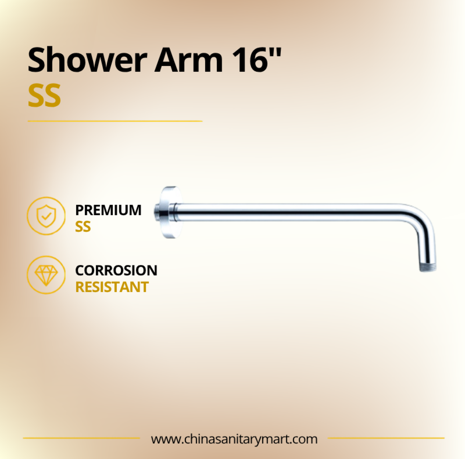 16 Inch Ast Shower Arm, 16 inch brass shower arm, chrome shower arm, rain shower arm, overhead shower arm, wall mount shower arm, brass shower pipe, Ast shower arm