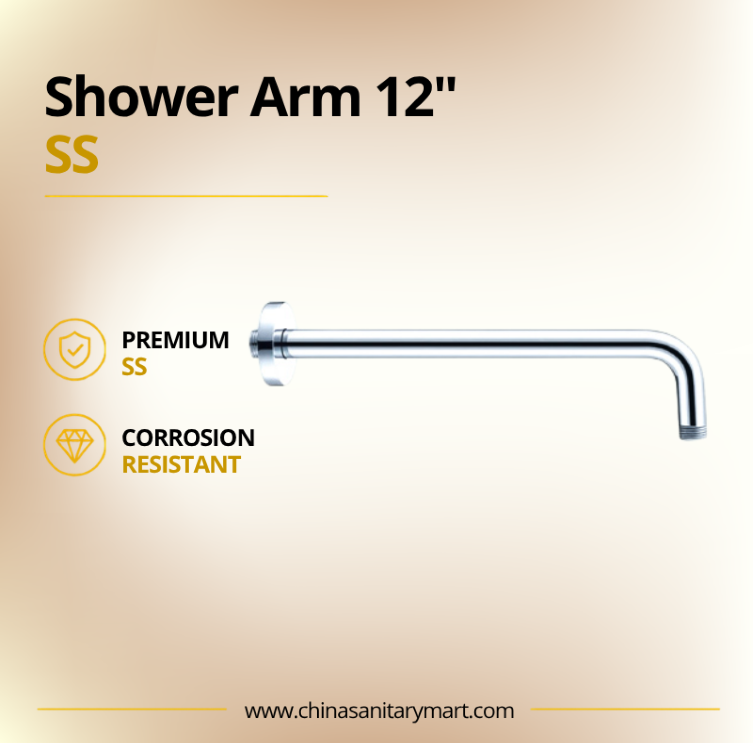 12 Inch Ast Shower Arm, 12 inch brass shower arm, chrome shower arm, rain shower arm, overhead shower arm, wall mount shower arm, brass shower pipe, Ast shower arm