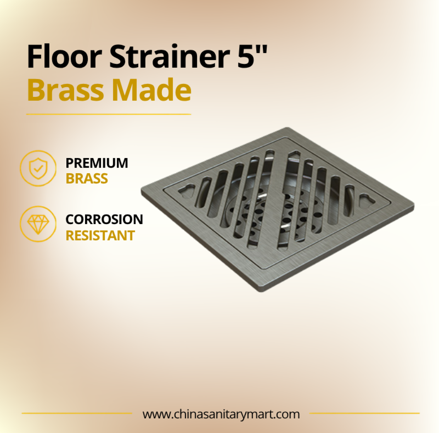 AST 5x5 Stripe Hole Floor Drain Gun Metal Grey, 5 inch gun metal floor drain, square floor strainer, stripe hole drain, gun metal bathroom drain, designer floor drain, AST floor strainer, bathroom drain cover