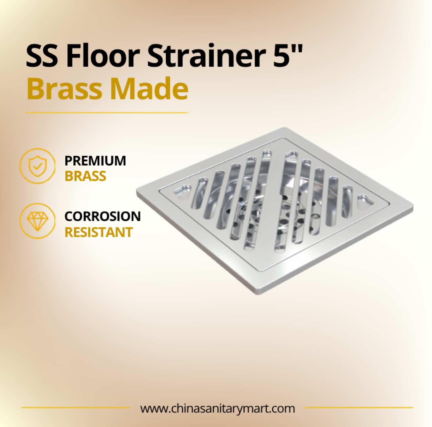 AST 5x5 Stripe Hole Floor Drain SS, 5 inch stainless steel floor drain, square floor strainer, stripe hole drain, bathroom floor drain, SS drain cover, AST floor strainer, stainless steel drain grille