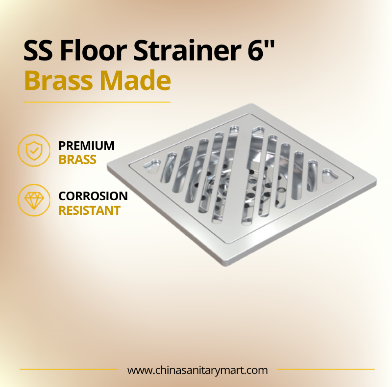 AST 6x6 Stripe Hole Floor Drain SS, 6 inch stainless steel floor drain, square floor strainer, stripe hole drain, bathroom floor drain, SS drain cover, AST floor strainer