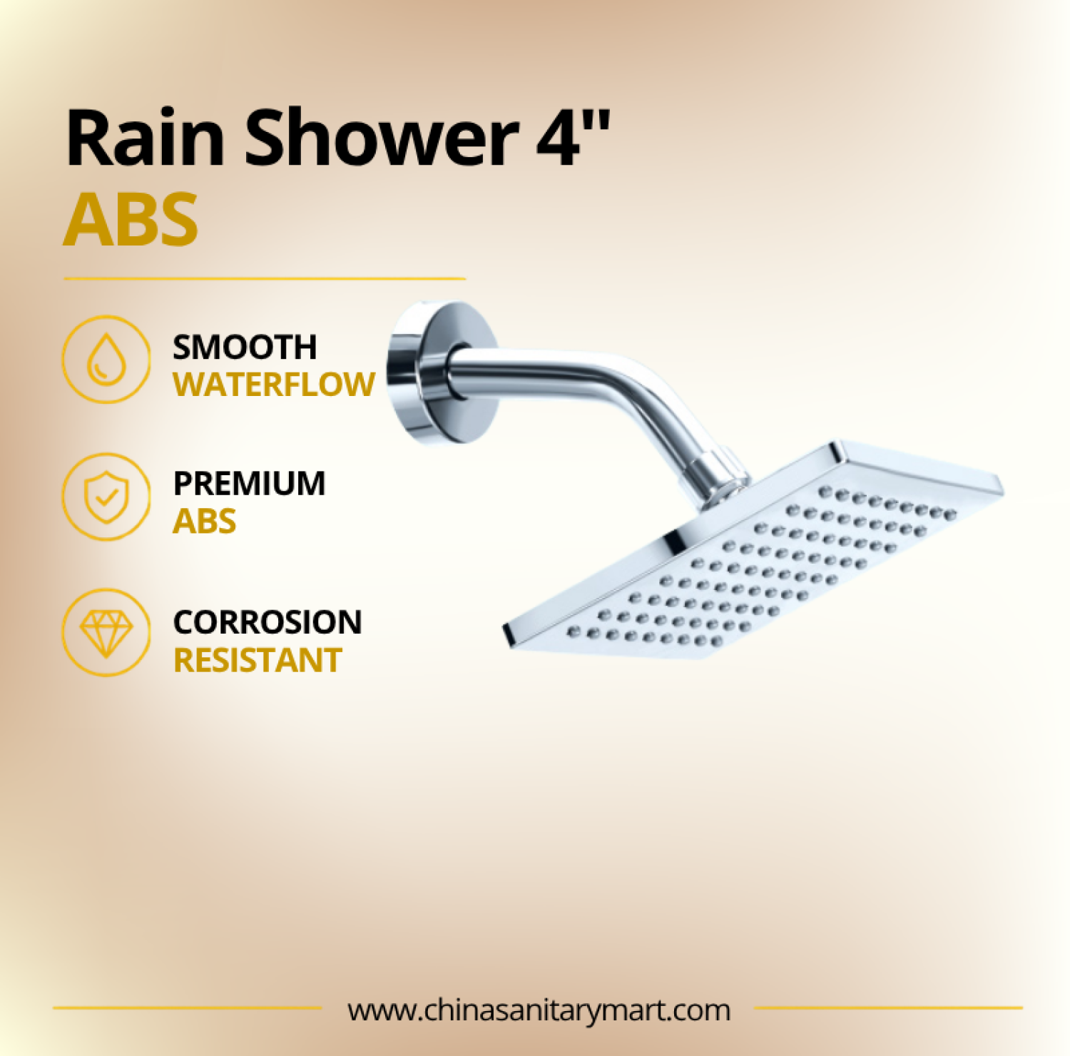 4 Inch Ast Rain Shower Square, square brass rain shower, 4 inch shower head, chrome rain shower, wall mount shower, Ast rain shower, square bathroom shower, brass shower head