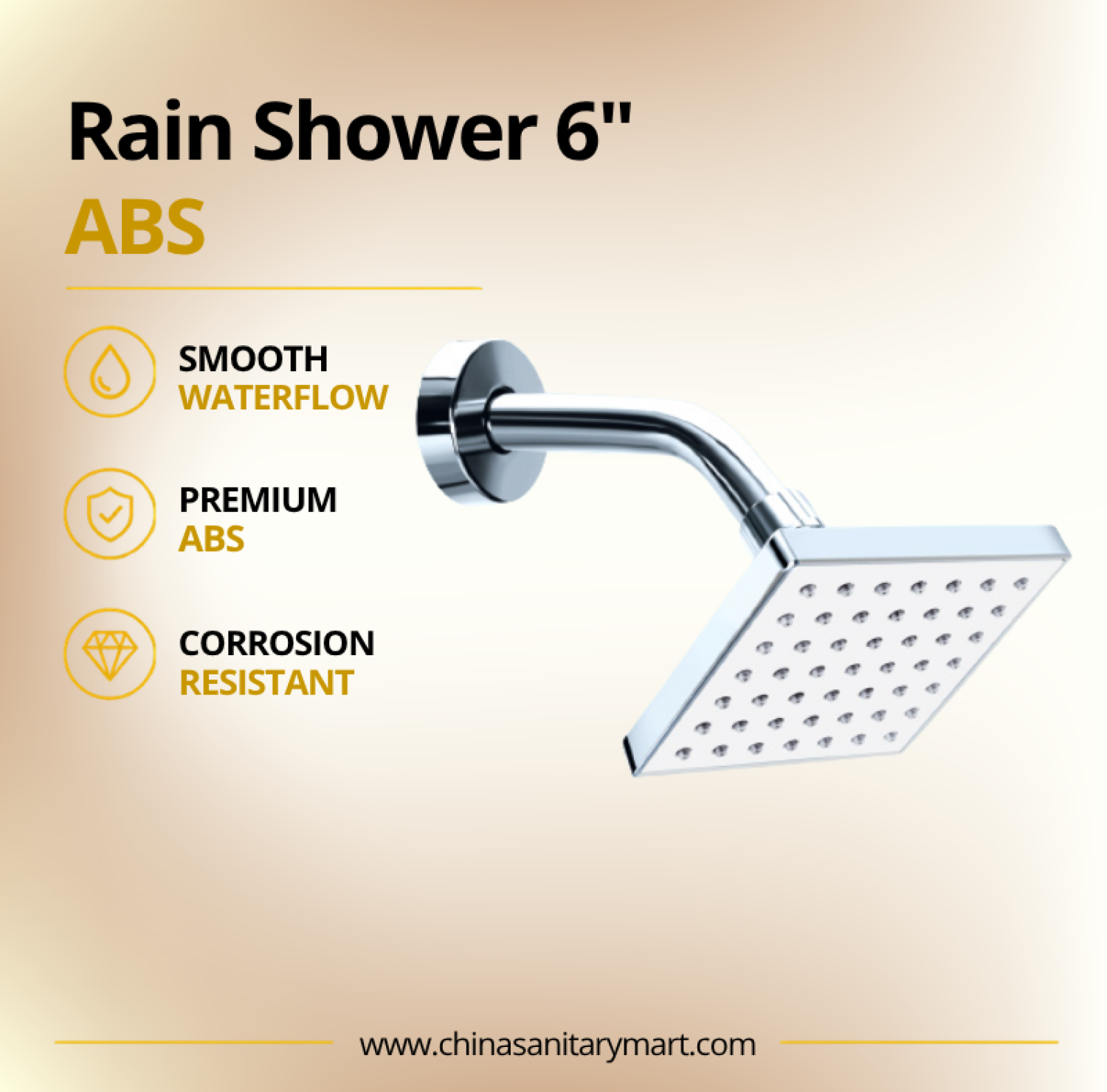 6 Inch Ast Rain Shower Square Wall Mount, square brass rain shower, 6 inch shower head, wall mount rain shower, chrome shower head, Ast rain shower, square bathroom shower, brass shower head