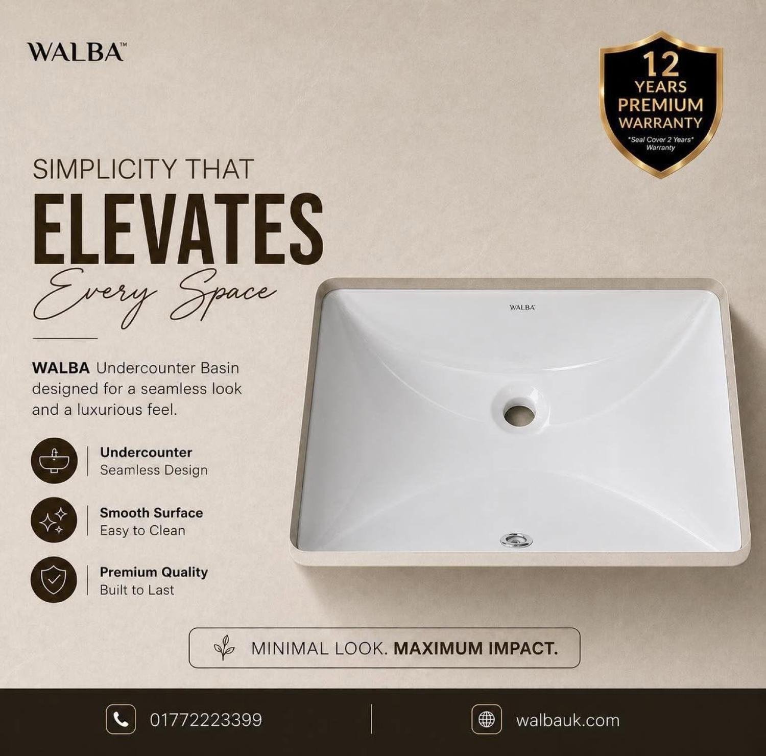 WALBA Undercounter Basin, white undercounter basin, rectangular bathroom basin, premium wash basin, modern undercounter wash basin, smooth surface basin