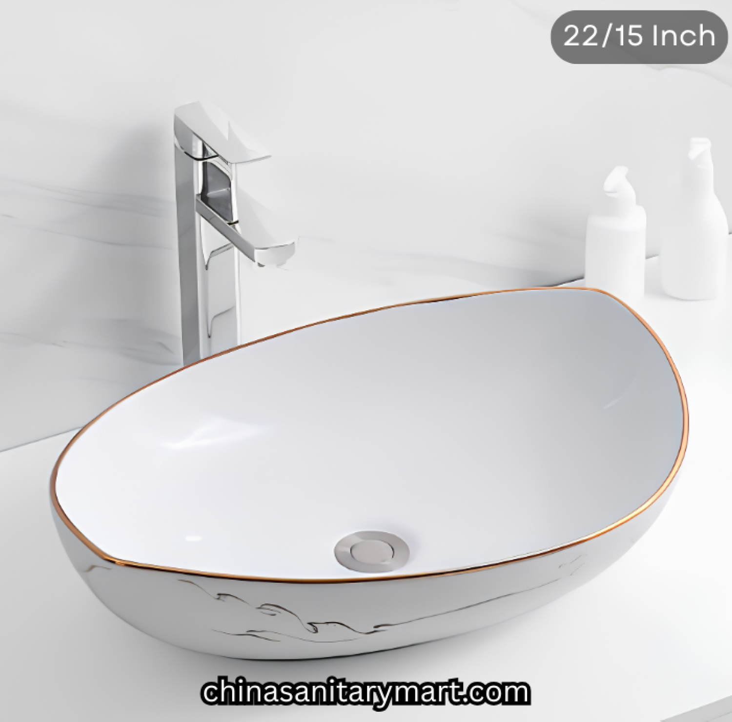 Luxury 21x15 Oval White Marble & Gold Basin