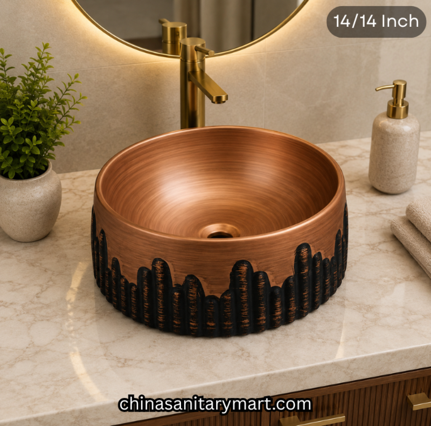 14x14 inch round RG luxury top basin, rose gold round basin, designer countertop basin, luxury bathroom basin, rose gold top mount basin