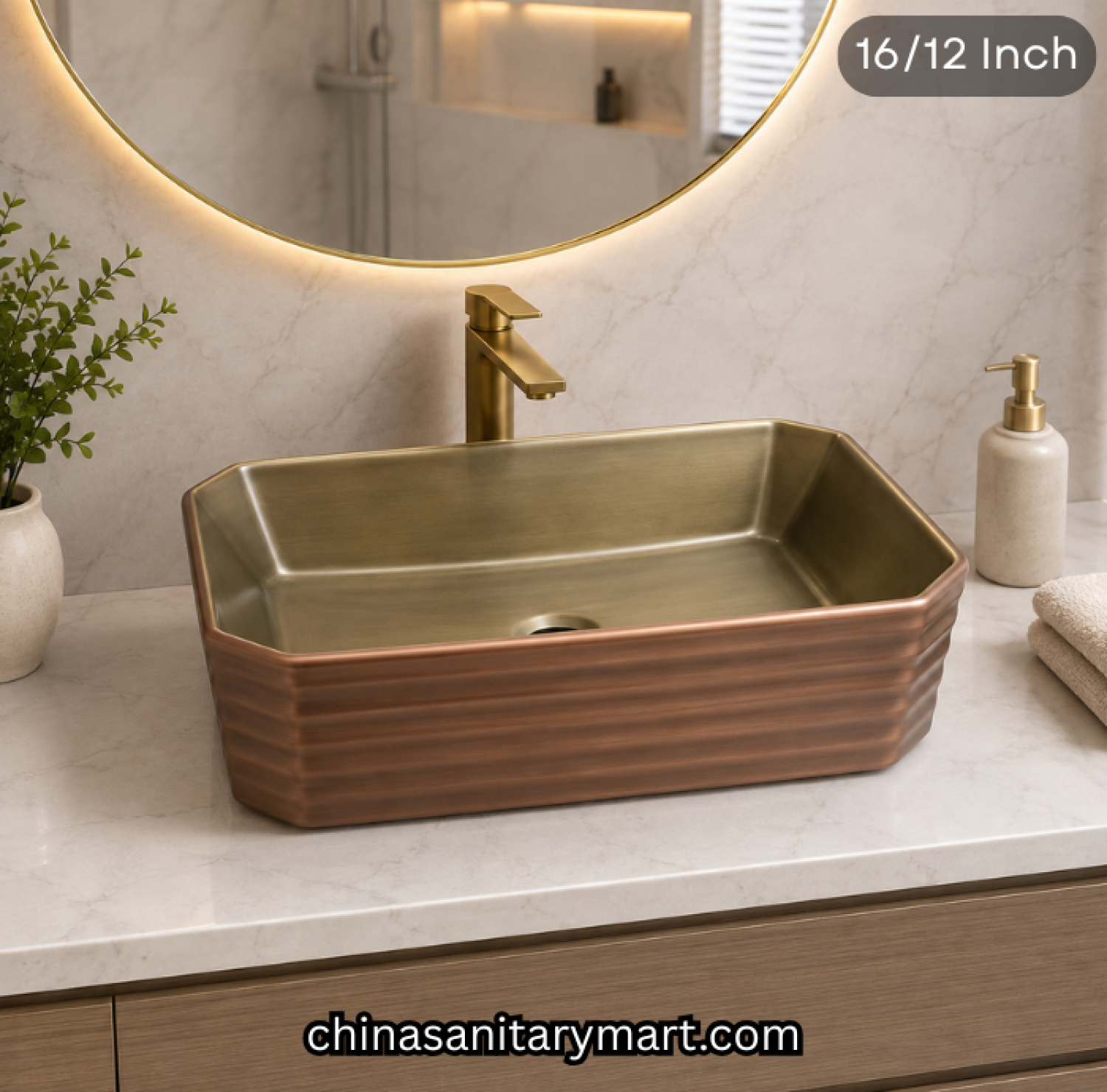 16x12 inch antique rose gold top basin, brushed gold interior basin, rose golden rectangle basin, luxury countertop basin, designer bathroom basin