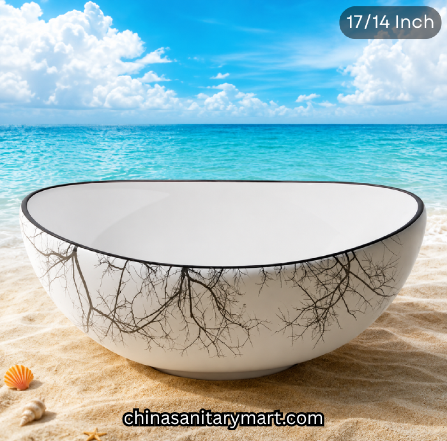 17x14 inch shell bowl top basin, white designer basin, black branch pattern basin, shell shape countertop basin, luxury ceramic top basin