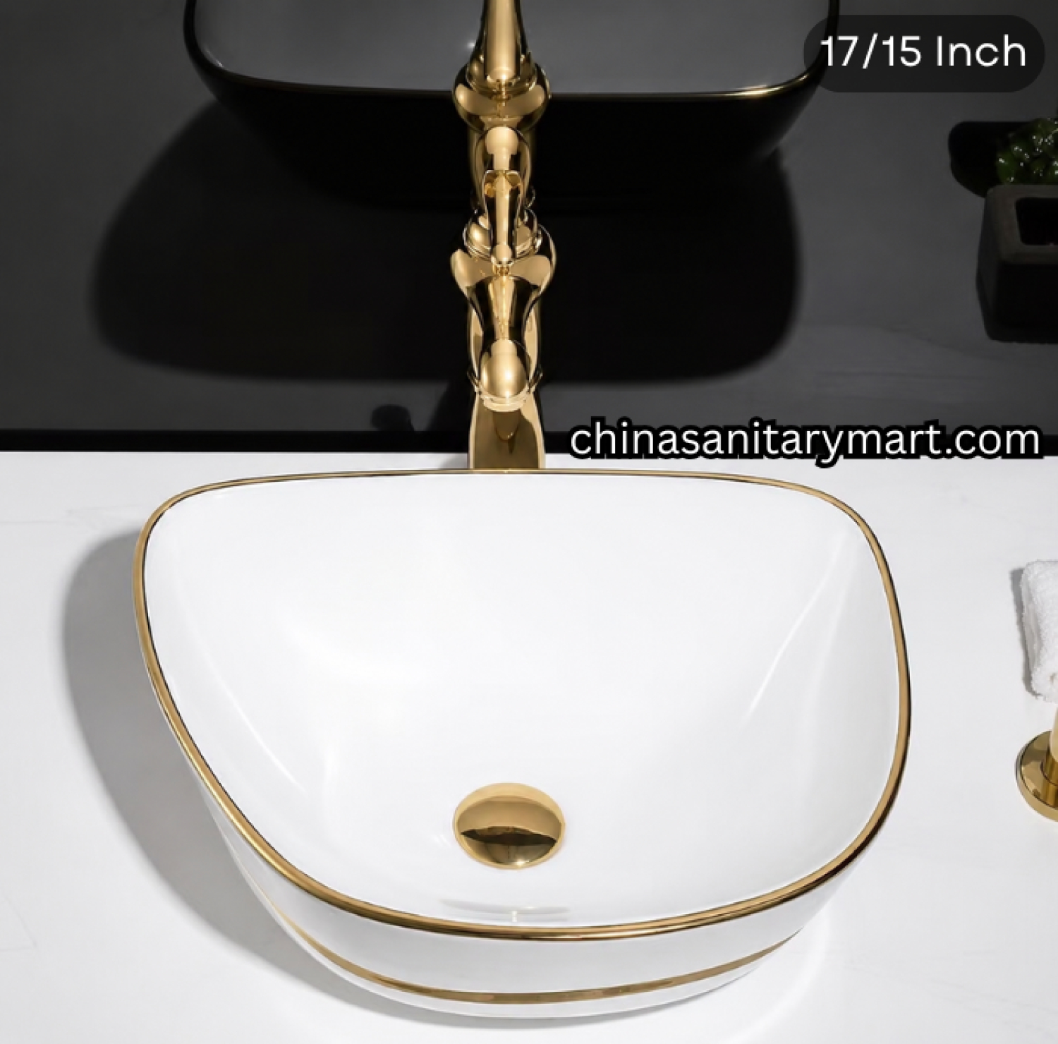 17x15 inch white golden line top basin, FT white gold basin, luxury designer countertop basin, white ceramic gold rim basin, golden line top basin