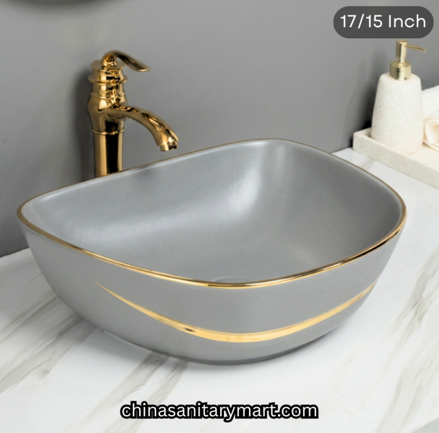 17 x 15 inch grey golden line top basin, FT grey gold basin, luxury designer countertop basin, grey ceramic gold rim basin, golden line top basin