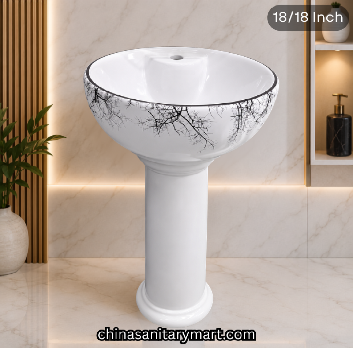 18x18 inch RS02 SMOON decor pedestal basin, white ceramic wash basin, black branch pattern basin, decorative pedestal basin, SMOON bathroom basin