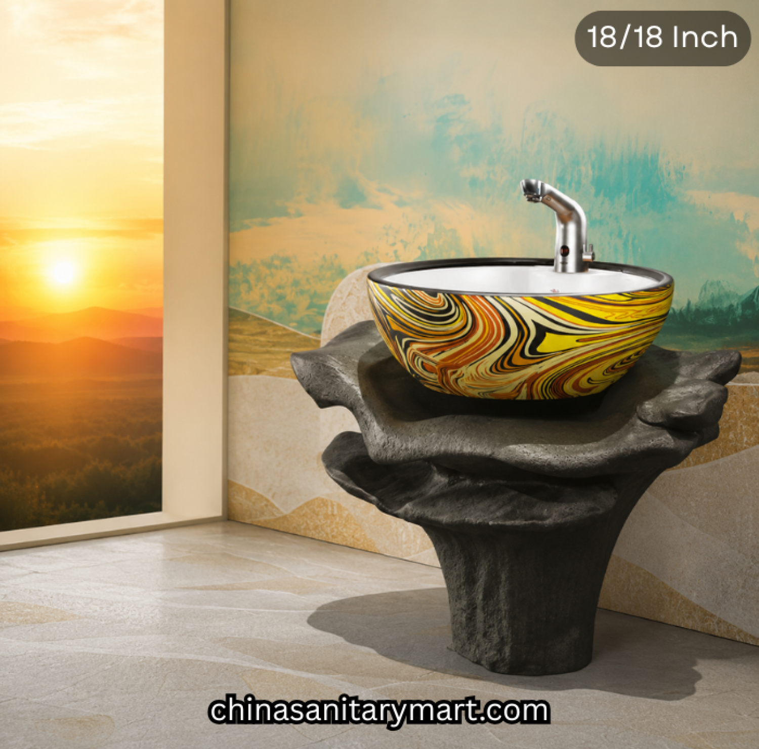 18x18 inch RS04 SMOON decor pedestal basin, golden swirl pattern basin, multicolor ceramic wash basin, luxury decorative pedestal basin, designer bathroom basin