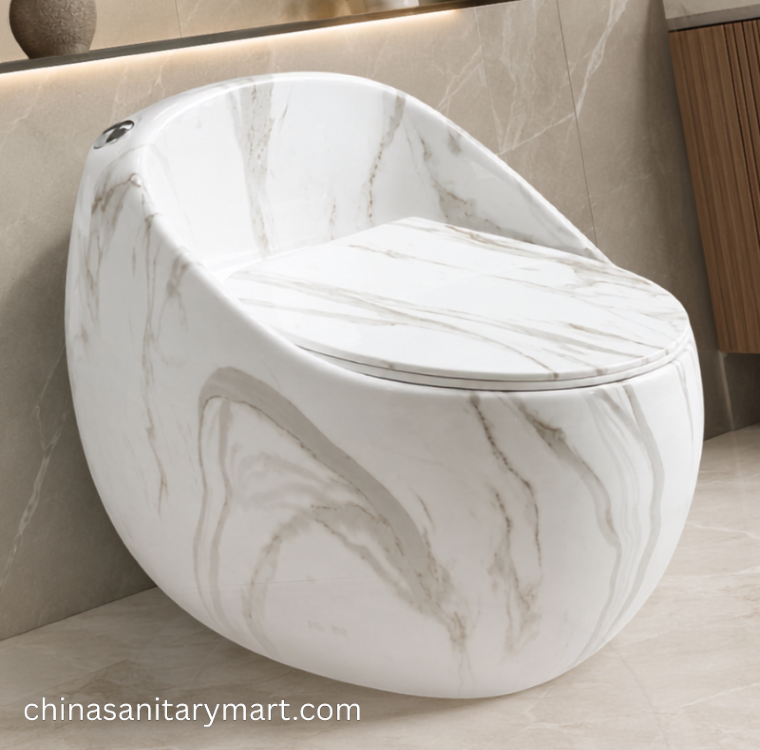 White marble egg shape commode, luxury one piece toilet, egg shape toilet, marble effect commode, modern white marble toilet, premium bathroom commode